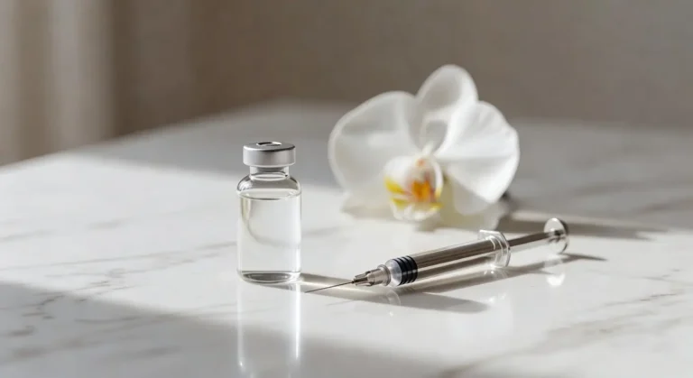 Close-up artístico de frasco de toxina botulínica e seringa profissional sobre superfície de mármore branco com flores ao fundo, simbolizando tratamento estético seguro em Guarapuava.