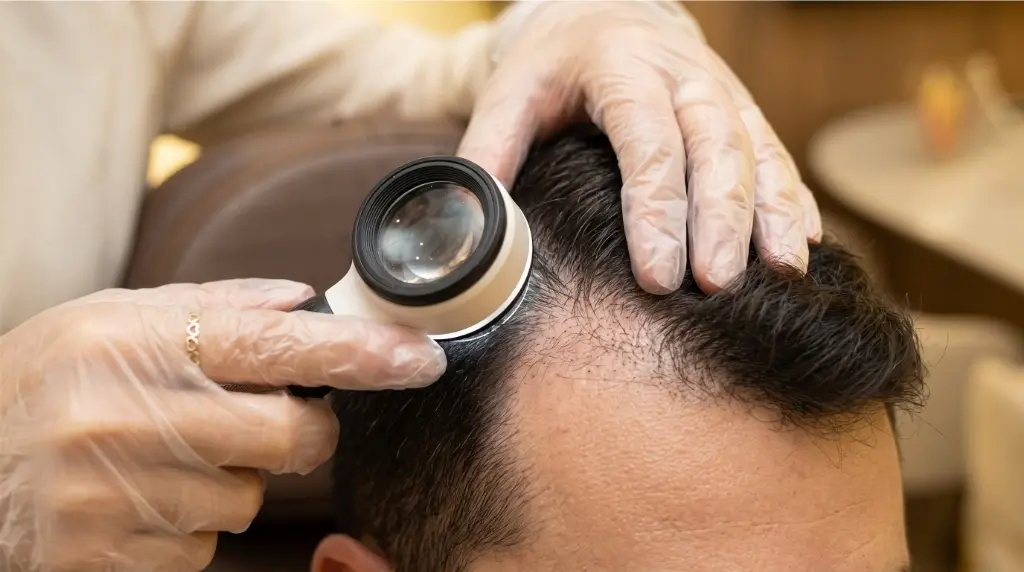 Avaliação capilar com dermatoscópio no couro cabeludo de paciente masculino para diagnóstico de queda de cabelo na clínica Jaque Vaz Estética e Saúde em Guarapuava PR