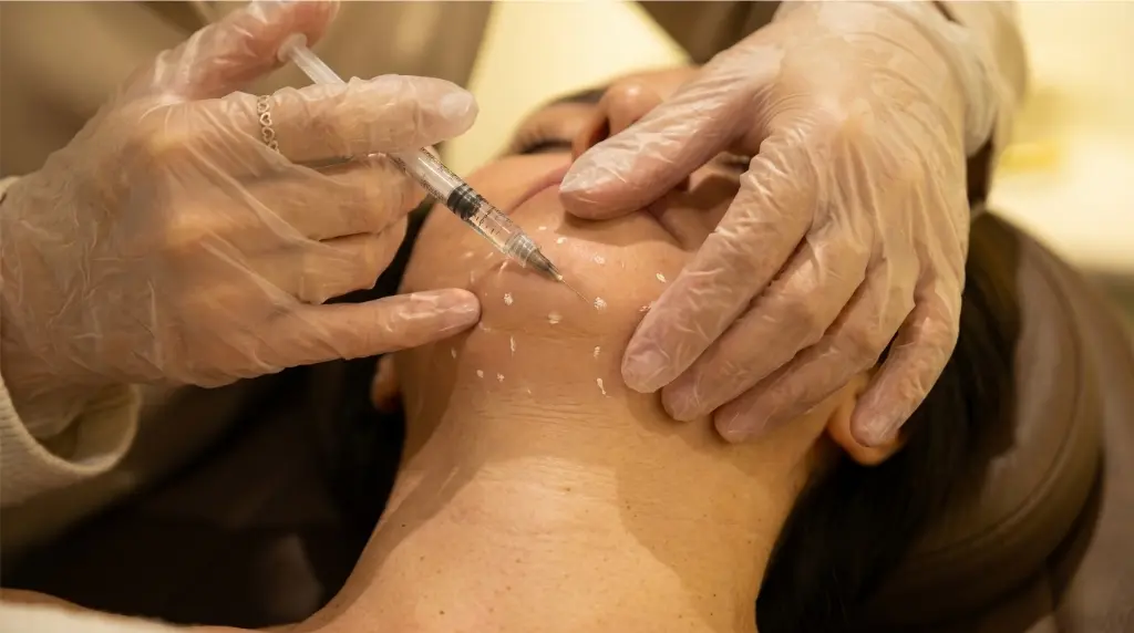 Lipo enzimática de papada com aplicação injetável na região do queixo duplo com marcações na pele na clínica Jaque Vaz Estética e Saúde em Guarapuava PR