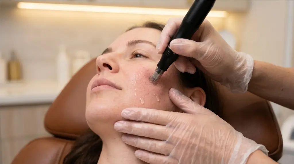 Procedimento de microagulhamento facial sendo realizado por profissional com luvas em clínica de estética Jaque Vaz em Guarapuava PR