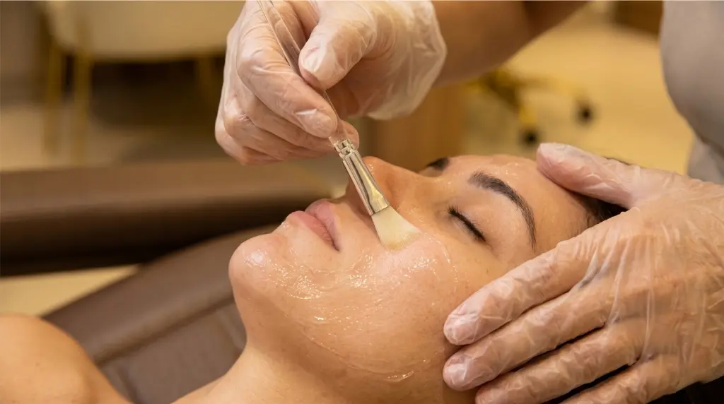 Aplicação de peeling químico facial com pincel por profissional de estética com luvas na clínica Jaque Vaz Estética e Saúde em Guarapuava PR