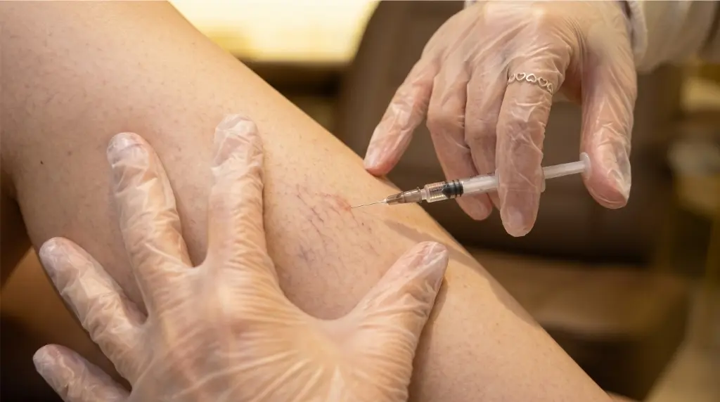 Aplicação de PEIM (Procedimento Estético Injetável para Microvasos) para secagem de vasinhos na perna, realizado por profissional com luvas na clínica Jaque Vaz Estética e Saúde em Guarapuava PR