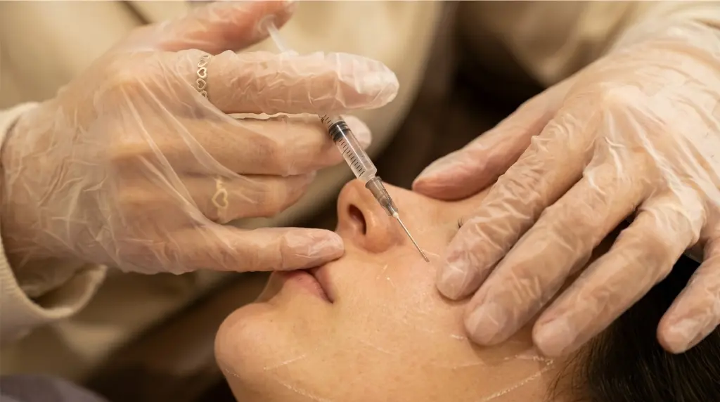 Preenchimento do sulco nasogeniano bigode chinês com ácido hialurônico e seringa na clínica Jaque Vaz Estética e Saúde em Guarapuava PR