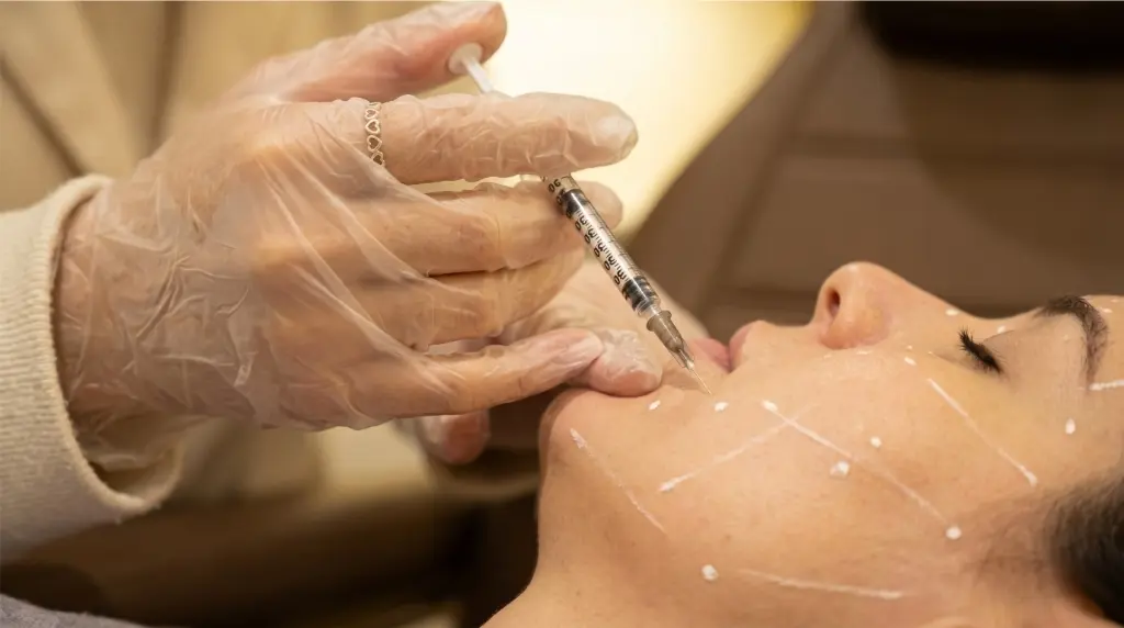 Aplicação de skinbooster com seringa na região do queixo e mandíbula com marcações faciais na clínica Jaque Vaz Estética e Saúde em Guarapuava PR