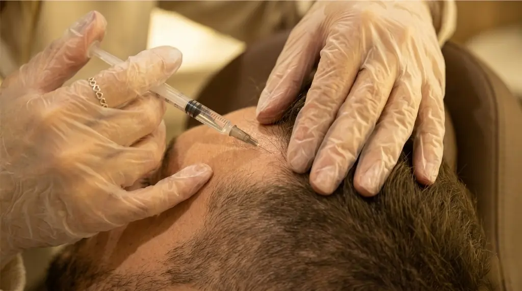 Tratamento capilar com intradermoterapia e aplicação injetável no couro cabeludo de paciente masculino para combater queda de cabelo na clínica Jaque Vaz Estética e Saúde em Guarapuava PR
